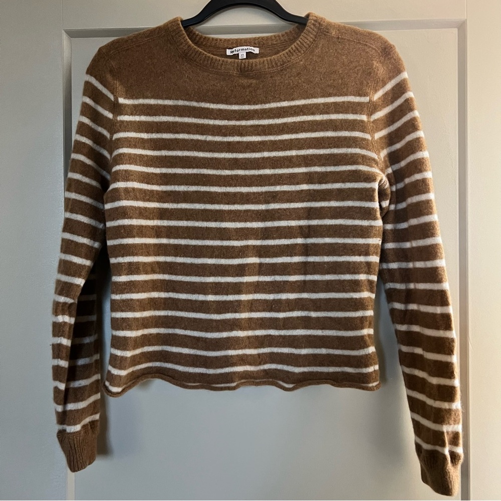 Reformation Brown and Cream Striped Cashmere Sweater